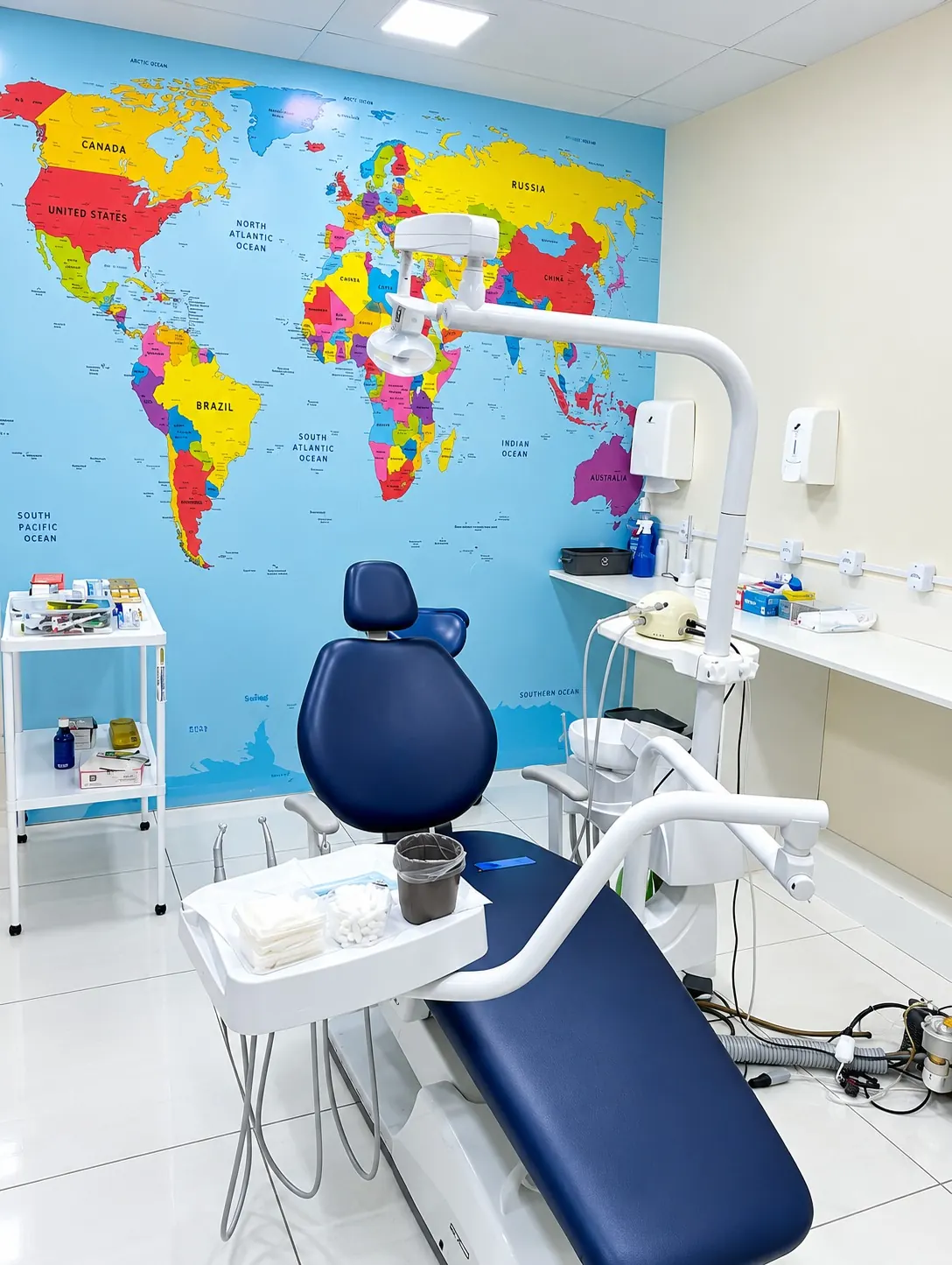 Consultório da RS ODONTO com painel de mapa-múndi